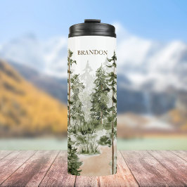 Garrafa Térmica Monograma Floresta Verde Aquarela Rústica