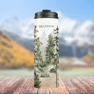 Garrafa Térmica Monograma Floresta Verde Aquarela Rústica