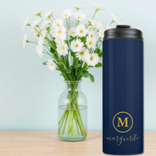 Garrafa Térmica Monograma marinho Azul e Dourado