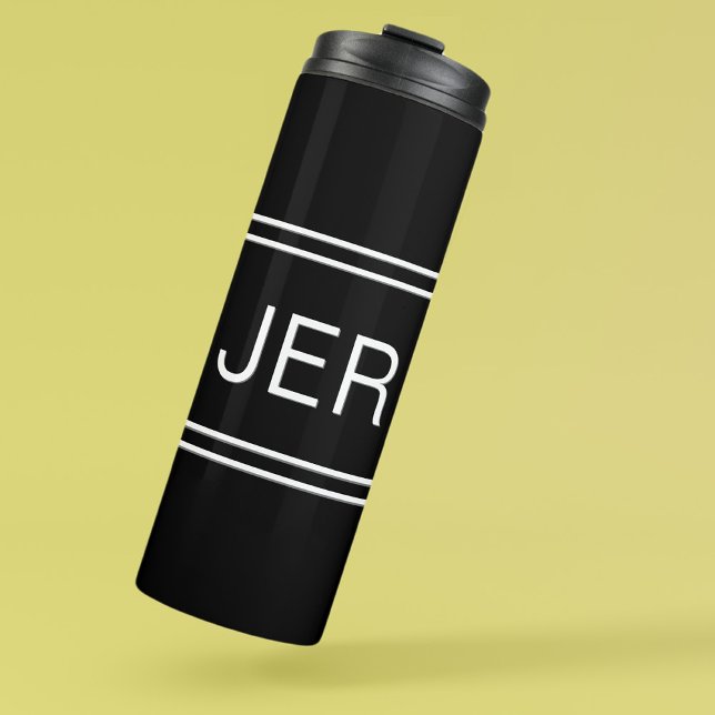 Garrafa Térmica Monograma Moderno Preto Personalizado Inicial Esti (Modern Black & White Custom Monogrammed Initials Stylish Thermal Tumbler For Him or For Her)