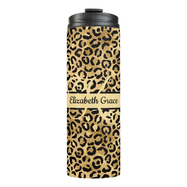 Garrafa Térmica Monograma Nome preto Leopardo-Dourado (Frente)