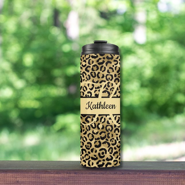 Garrafa Térmica Monograma Nome preto Leopardo Dourado Cheetah Impr (Black Gold Leopard print Cheetah print animal print monogrammed tumbler)