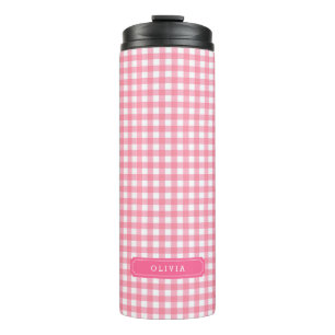 Garrafa Térmica Monograma Personalizado de Baby Pink Gingham