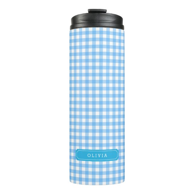 Garrafa Térmica Monograma Personalizado de Gingham Azul (Frente)