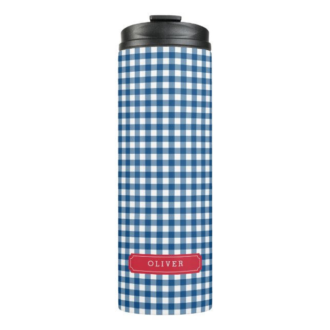 Garrafa Térmica Monograma Personalizado de Gingham Azul (Frente)