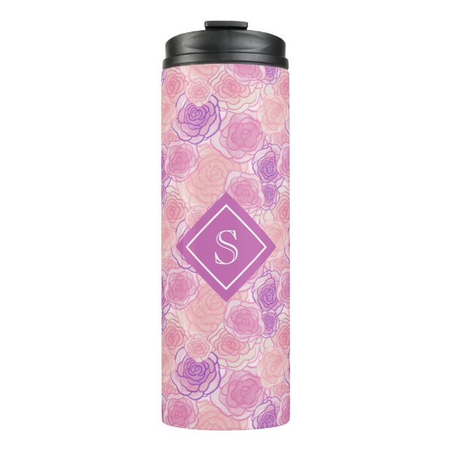 Garrafa Térmica Monograma Personalizado Floral de Rosa Roxo-Cujo (Frente)