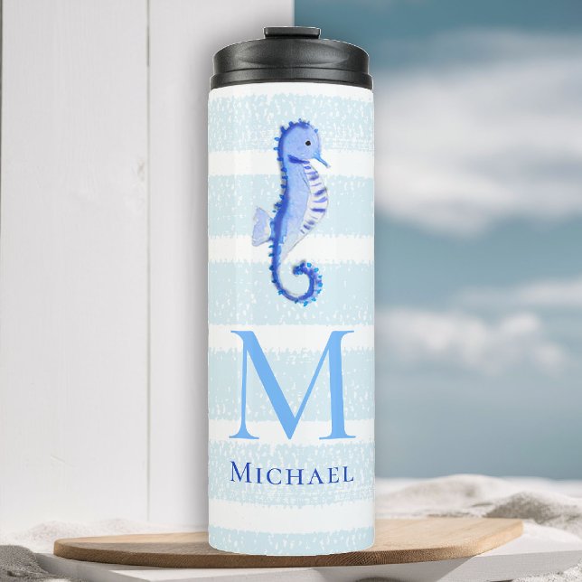 Garrafa Térmica Monograma Praia Náutica Strike Watercolor (boy tumbler personalized monogram seahorse sea blue stripes nautical ocean grandchild baby gift)