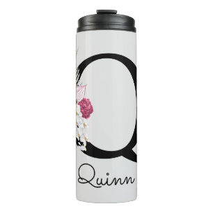 Garrafa Térmica Monograma Rosa Boho Floral Feminino Inicial Q