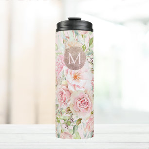 Garrafa Térmica Monograma Rosa Dourado Bege Rosa Aquarela Floral