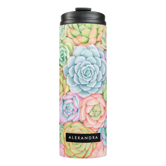 Garrafa Térmica Monograma Suculente Aquarela Pastel Colorido (Frente)