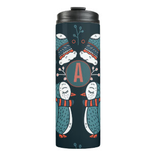 Garrafa Térmica Monogramas Art Natal Azul Coruja Árvores