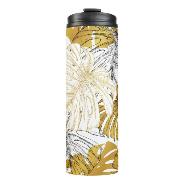 Garrafa Térmica Monstera Leaves: Ouro Branco (Frente)