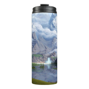 Garrafa Térmica Montanhas do lago cascata digital arte 3D ilustrad