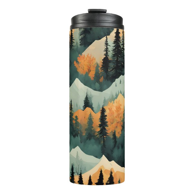 Garrafa Térmica Montanhas E Árvores Verde E Laranja (Frente)