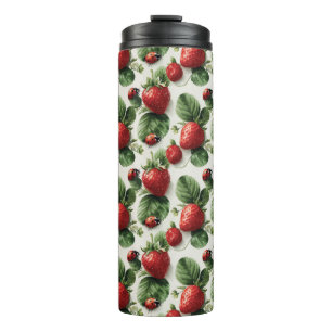 Garrafa Térmica Morango de Aquarela e Ladybug Padrão Sem Costura