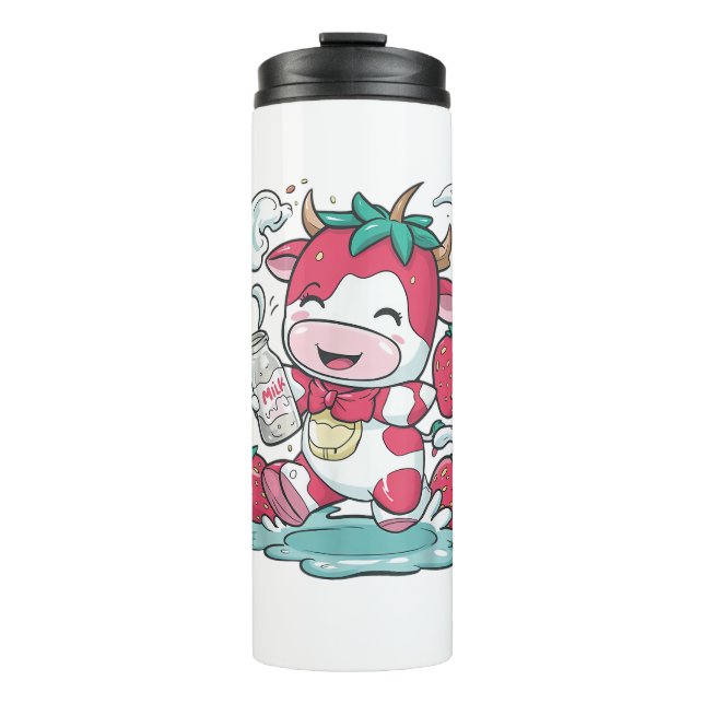Garrafa Térmica Morango Vaca Kawaii Anime Morango Leite _4 (Frente)