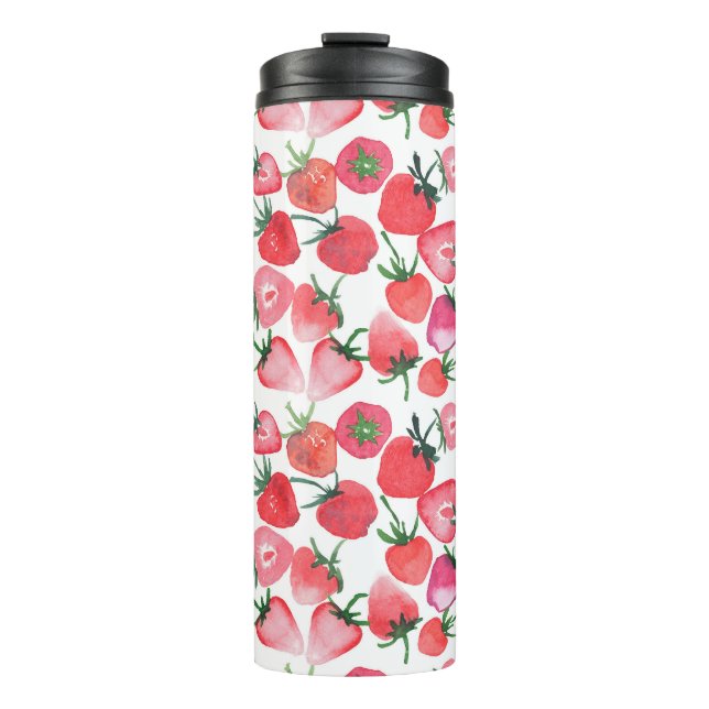 Garrafa Térmica Morangos Vermelhos Suculentos Padrão de Aquarela (Frente)
