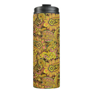 Garrafa Térmica Motivo Paisley em Amarelo, Marrom sobre Fundo Pret