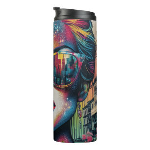 Garrafa Térmica Mulher Abstrata com Óculos de Sol Arte de IA