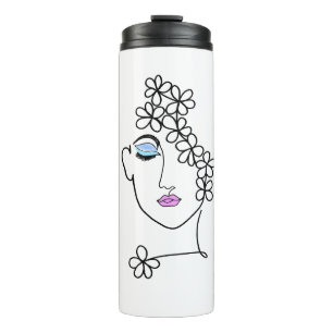 Garrafa Térmica Mulher Com Flores Arte Linear  