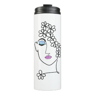 Garrafa Térmica Mulher Com Flores Arte Linear  