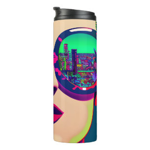 Garrafa Térmica Mulher de Arte Colorida com Óculos de Sol Reflexo