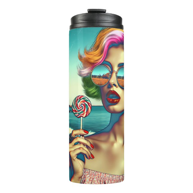 Garrafa Térmica Mulher de Arte Pop Retro com Pirulito (Frente)