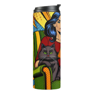 Garrafa Térmica Mulher em estilo pop art de quadrinhos lendo e gat