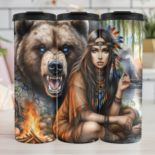 Garrafa Térmica Mulher Nativa e Urso Grizzly