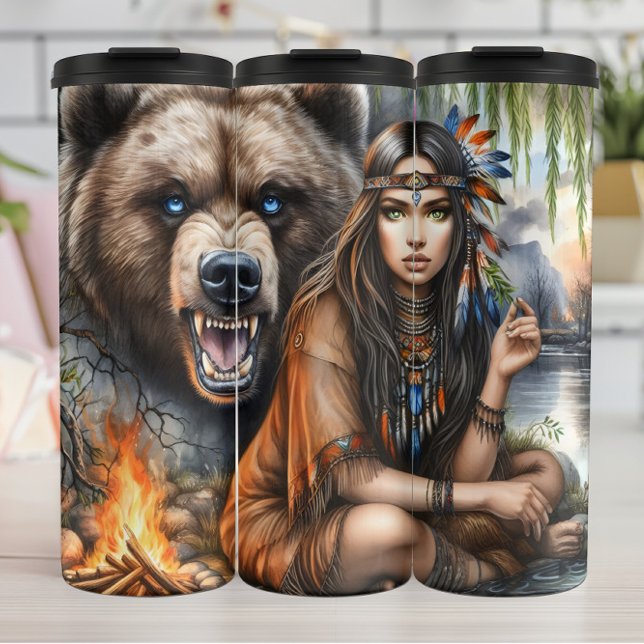 Garrafa Térmica Mulher Nativa e Urso Grizzly (Criador carregado)