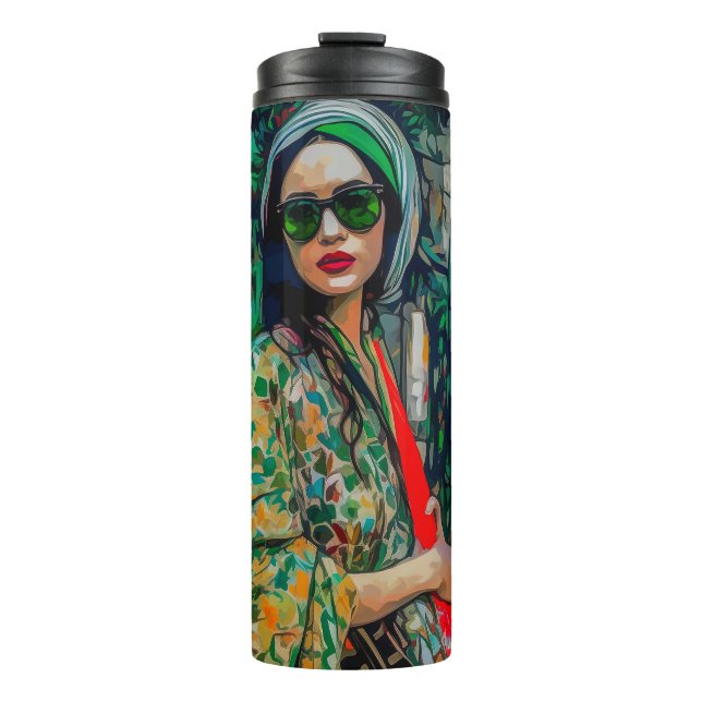 Garrafa Térmica Mulher nos óculos de sol verde (Frente)