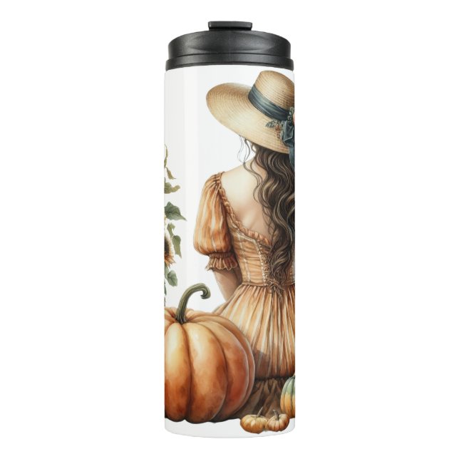 GARRAFA TÉRMICA MULHER SENTADA COM UM CHAPÉU DE CHAPA E CAIXA NO O (Frente)