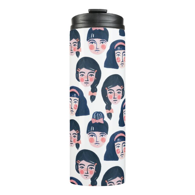 Garrafa Térmica Mulheres Whimsical: Cartoon Face Art (Frente)