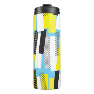 Garrafa Térmica Música de jazz, padrão geométrico azul-amarelo.