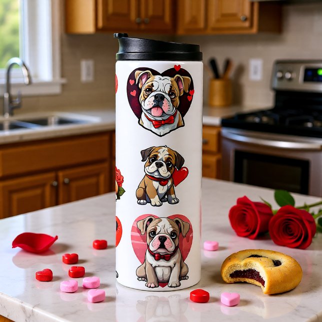 Garrafa Térmica Namorados Bulldog (Bulldog Heart Pattern Valentine Insulated Travel Thermal Tumbler)