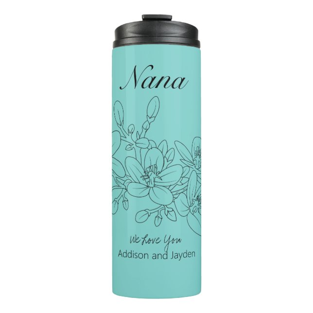 Garrafa Térmica Nana Personalizada Nomes de Netos Aqua Floral (Frente)