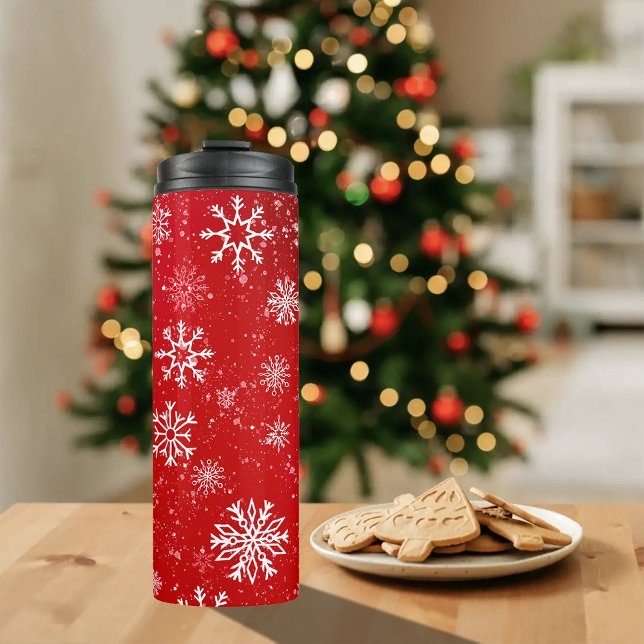 Garrafa Térmica Natal Branco Festivo Rubi Vermelho com Flocos de N (Criador carregado)