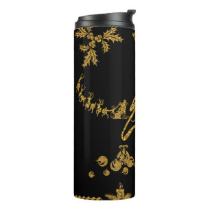 Garrafa Térmica Natal Feliz Glitter Dourado, Papai Noel