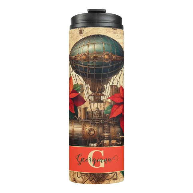 Garrafa Térmica Navio Steampunk Personalizado com Poinsettia (Frente)