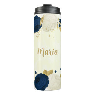 Garrafa Térmica navy e flores brancas dourado botânico