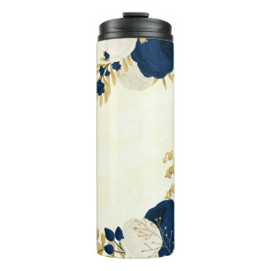 Garrafa Térmica navy e flores brancas dourado botânico