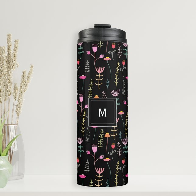 Garrafa Térmica Néon Flores selvagens a preto, monograma (Personalized monogram   Thermal Tumbler drink bottle with bright Wildflowers on a black background)