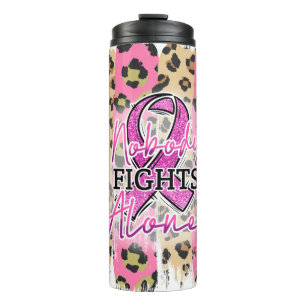 Garrafa Térmica Ninguém Luta Sozinho Fita Rosa Impressão Leopardo