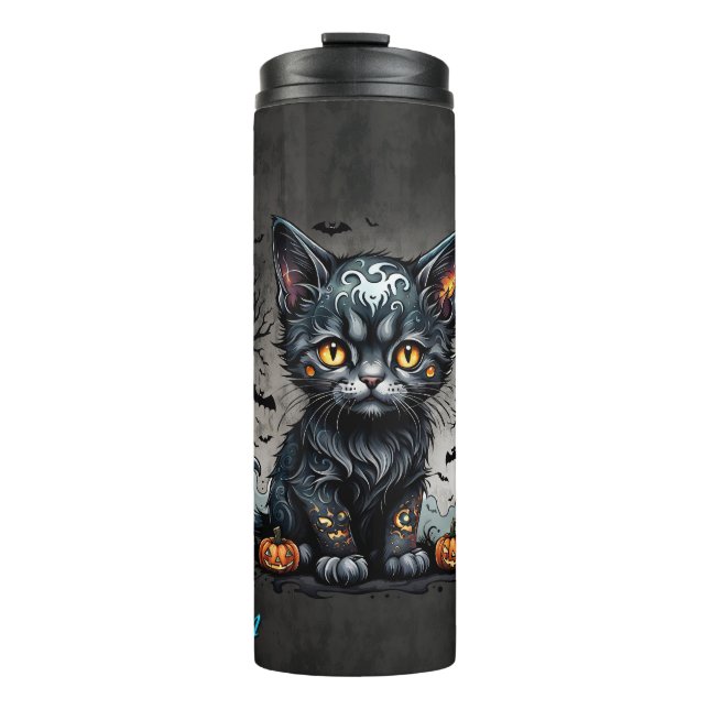 Garrafa Térmica Noite de Halloween com gatinhos e abóboras (Frente)