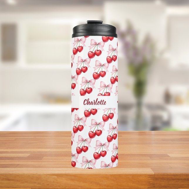 Garrafa Térmica Nome cor-de-rosa do arco de cereja (Criador carregado)