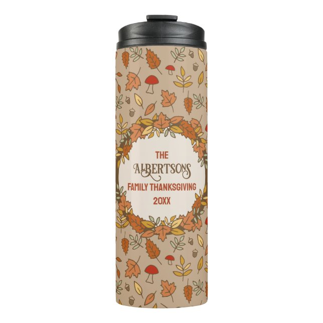 Garrafa Térmica Nome da família Folhas de Ação de Graças (Frente)