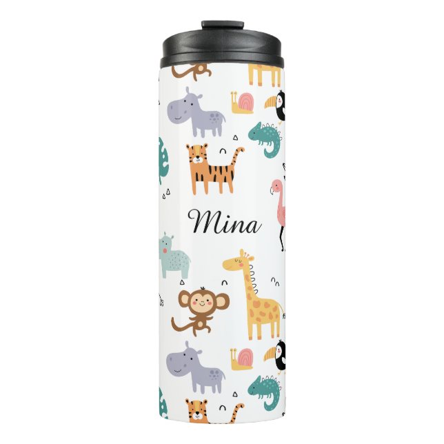 Garrafa Térmica Nome de Bebê Personalizado com Animais Fofos da Se (Frente)