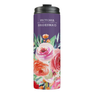 Garrafa Térmica Nome de Bridesmaid Personalizado Floral da Cor da