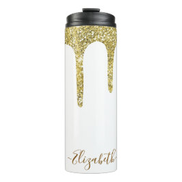 Garrafa Térmica Nome do Monograma da Glitter Dourada Elegante