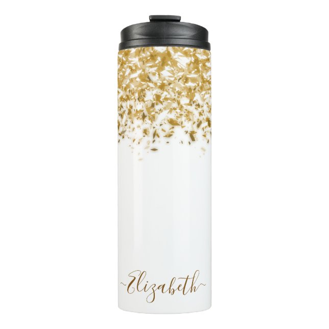 Garrafa Térmica Nome do Monograma da Glitter Dourada Elegante (Frente)